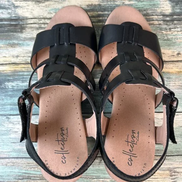 Clarks Sandals Size 7.5M Valarie Kerry Black Leather Dress Work Comfort Open Toe - Picture 4 of 10